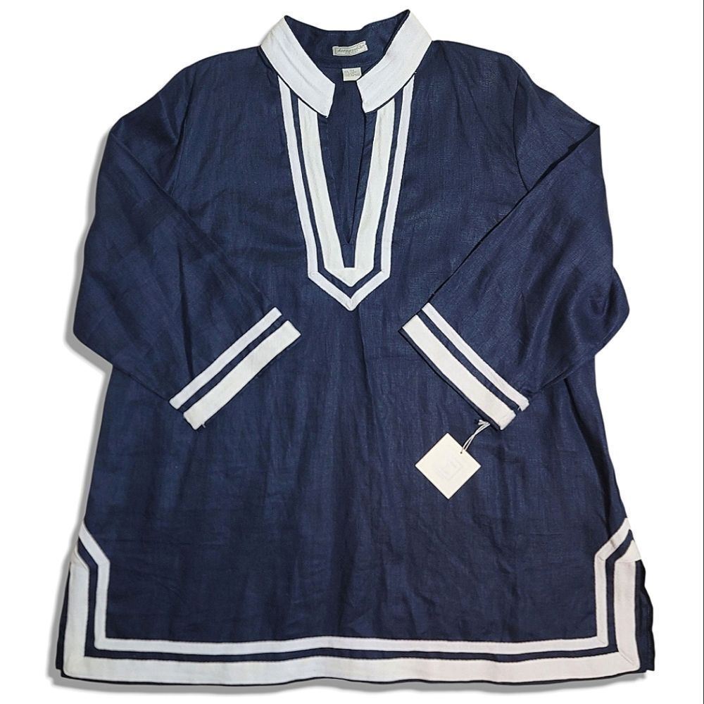 Deane & White 100% linen Navy Blue and White Nautical Women's Tunic Top Blouse - Picture 2 of 9